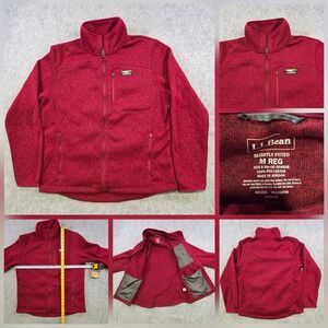 LL Bean Sweater Jacket Mens Medium Red Fleece Slightly Fitted Full Zip Pockets